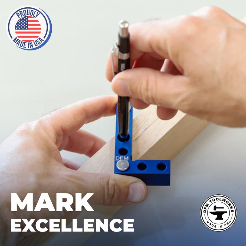 DFM Tool Works Small Square and Center Finder - Mini Square Tool with 11/32" Center Marking Hole Woodworking, Carpenter Engineering Square, Center Marking Tool, Made in USA - Blue - Image 3